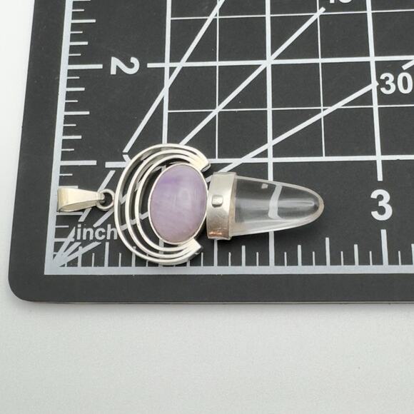 Sterling Silver Purple Stone Pendant Clear Stone Architectural Modern - Picture 6 of 7